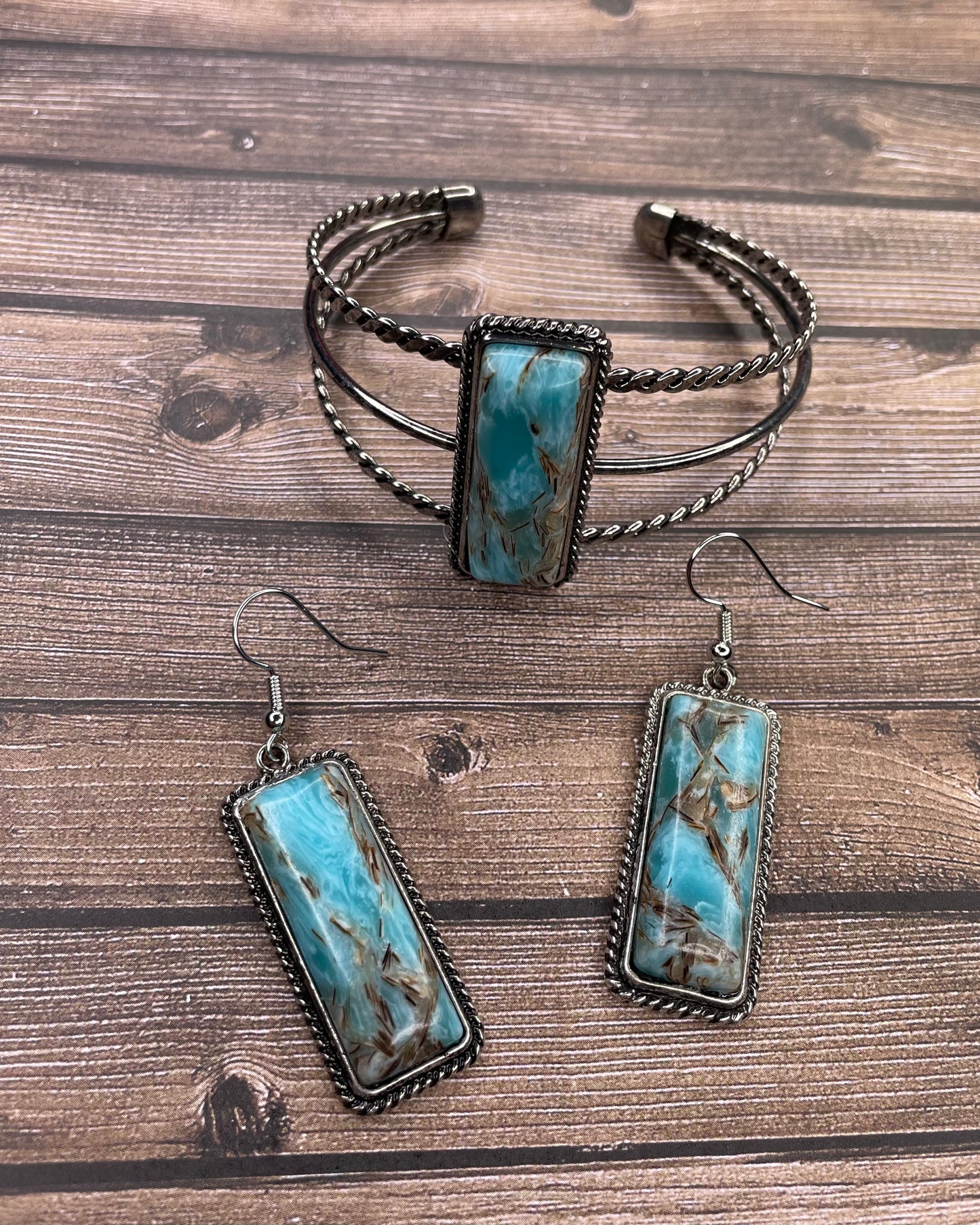 Western Rectangle Stone Cuff Bracelet with earrings