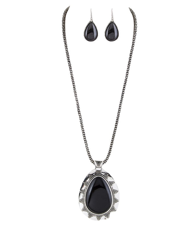 Pave Stone Teardrop Pendant Necklace Set