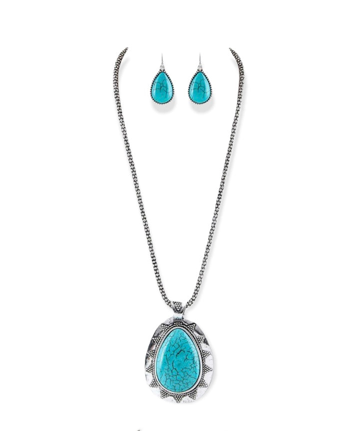 Pave Stone Teardrop Pendant Necklace Set