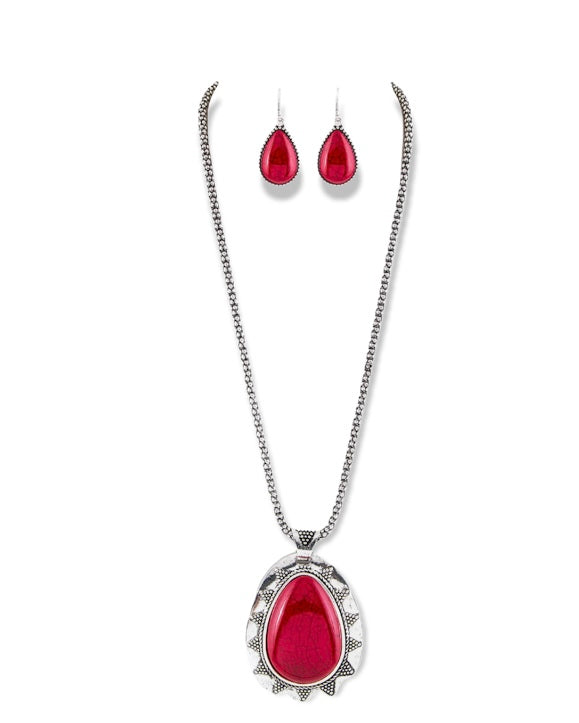 Pave Stone Teardrop Pendant Necklace Set